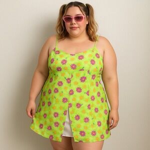Vintage Y2K Patty USA Slip Dress Womens Large Green Floral Print Mesh Cami Slit